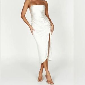 Meshki White Satin Ruched Slip Midi Dress with Side Slit